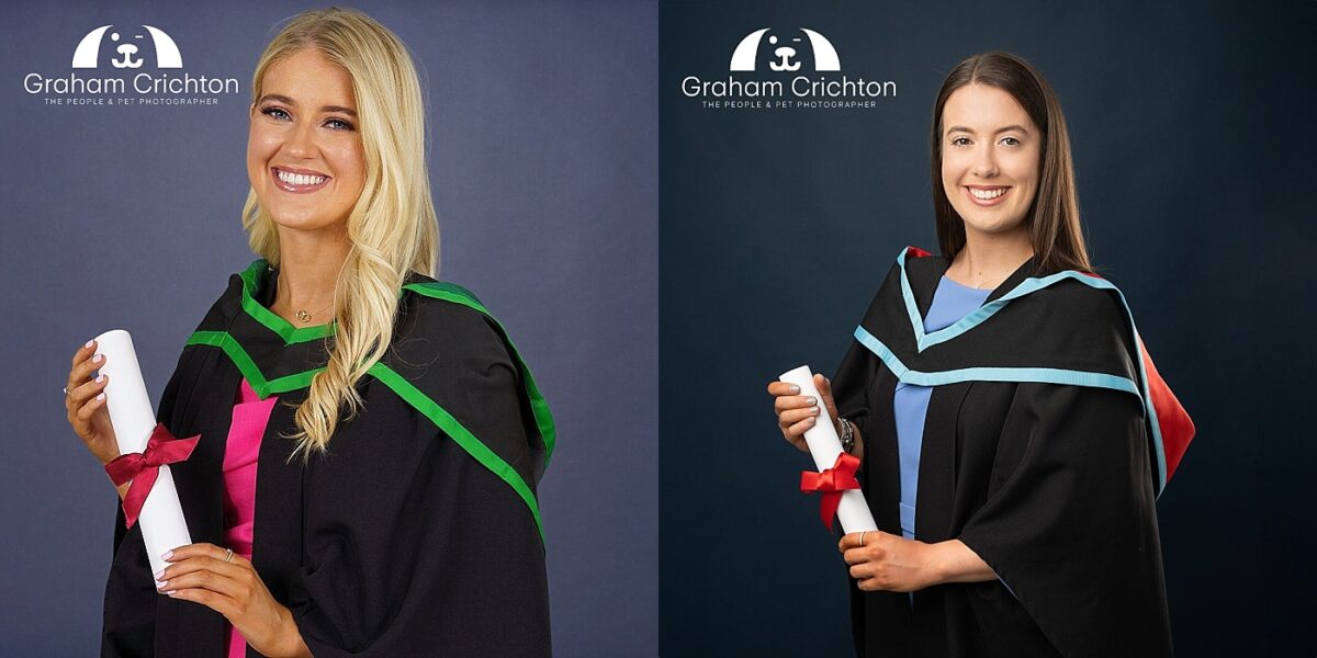 Professional Graduation photograph taken by Northern Ireland's top Graduation photographer in Belfast of a 2 female graduates one from the University of Ulster and one from Queens University Belfast.