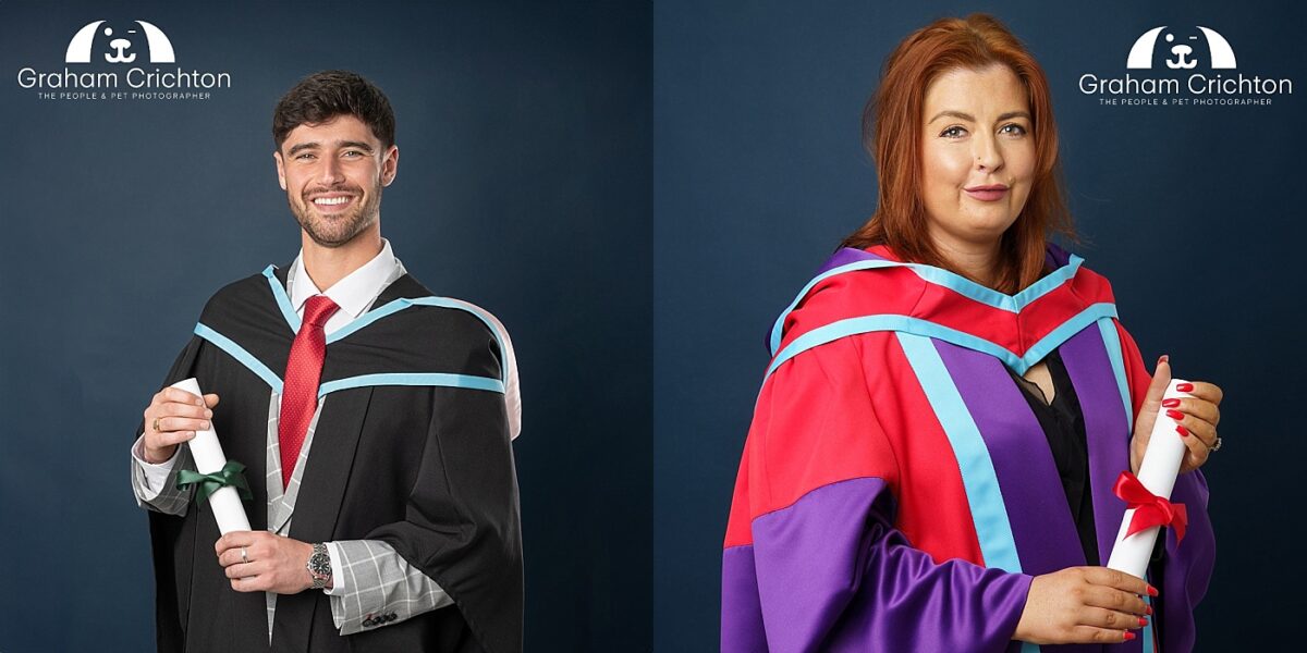 Professional Graduation photograph taken by Northern Ireland's top Graduation photographer in Belfast of a 2 graduates from Queens University Belfast. One Law and one PhD