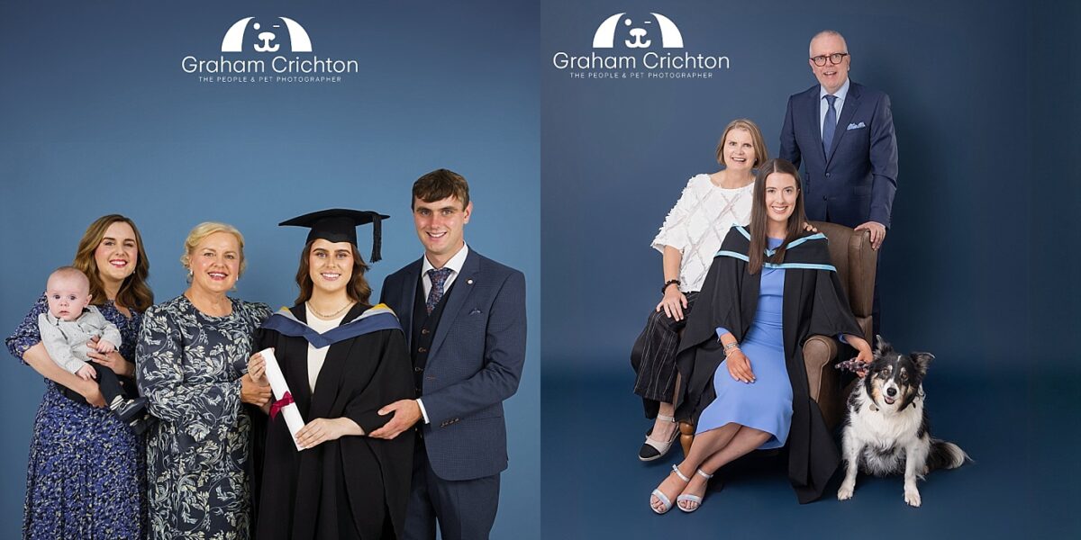 Professional Graduation photograph taken by Northern Ireland's top Graduation photographer in Belfast of a 2 female graduates with there family