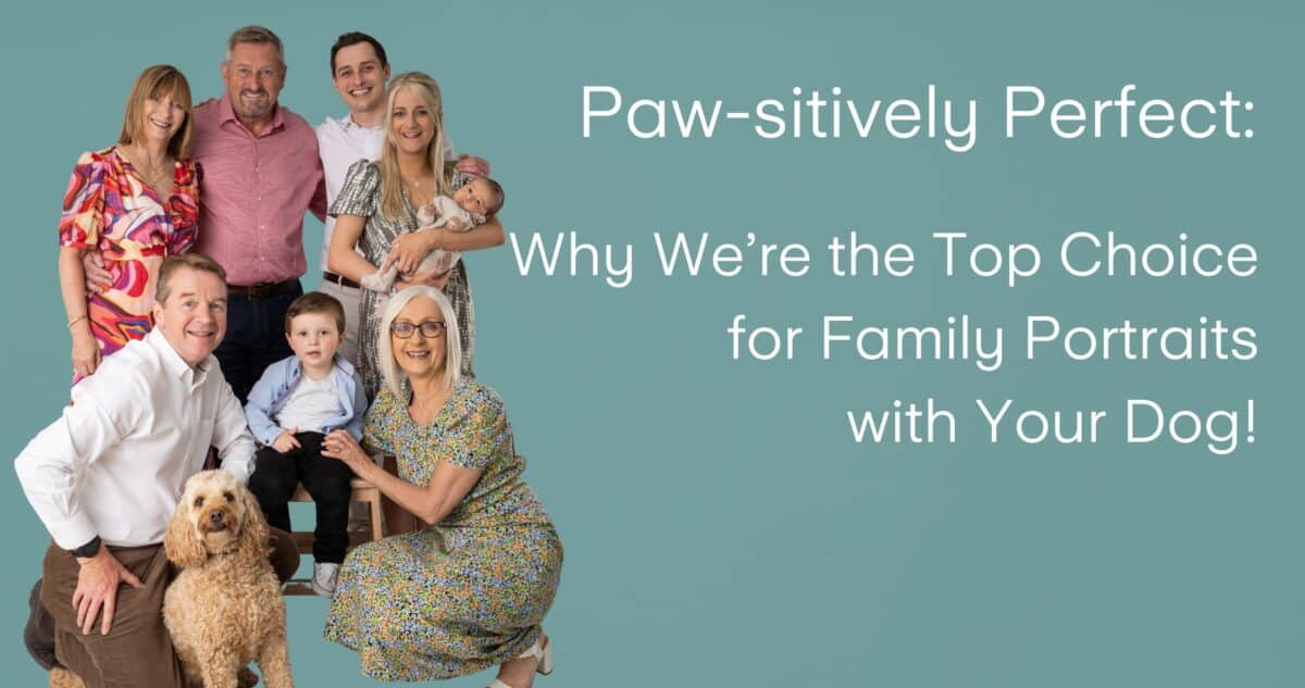 Blog post title image featuring family photography including a Dog